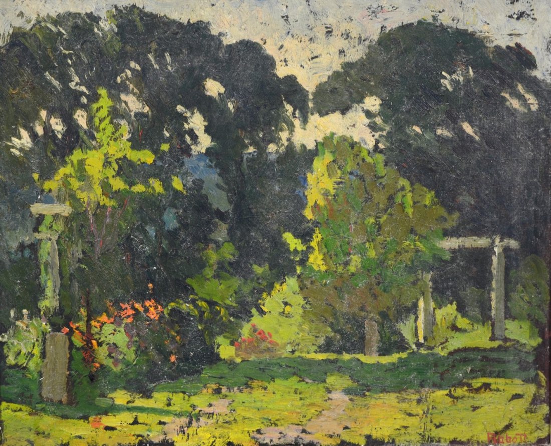 Yarnall Abbott (American, PA, 1870-1938), oil on board,: Yarnall Abbott (American, PA, 1870-1938), oil on board, Garden Landscape, signed lower right, 13 1/2" x 16 1/2" sight, 17" x 20" overall, surface grime