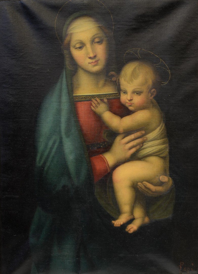 Continental School, copy after the original by the: Continental School, copy after the original by the Italian artist Raphael "Madonna and Child" or "Madonna del Granduca (1505) in the Galleria Palatina (Palazzo Pitti), Florence, Italy, O/C, Carved Gil