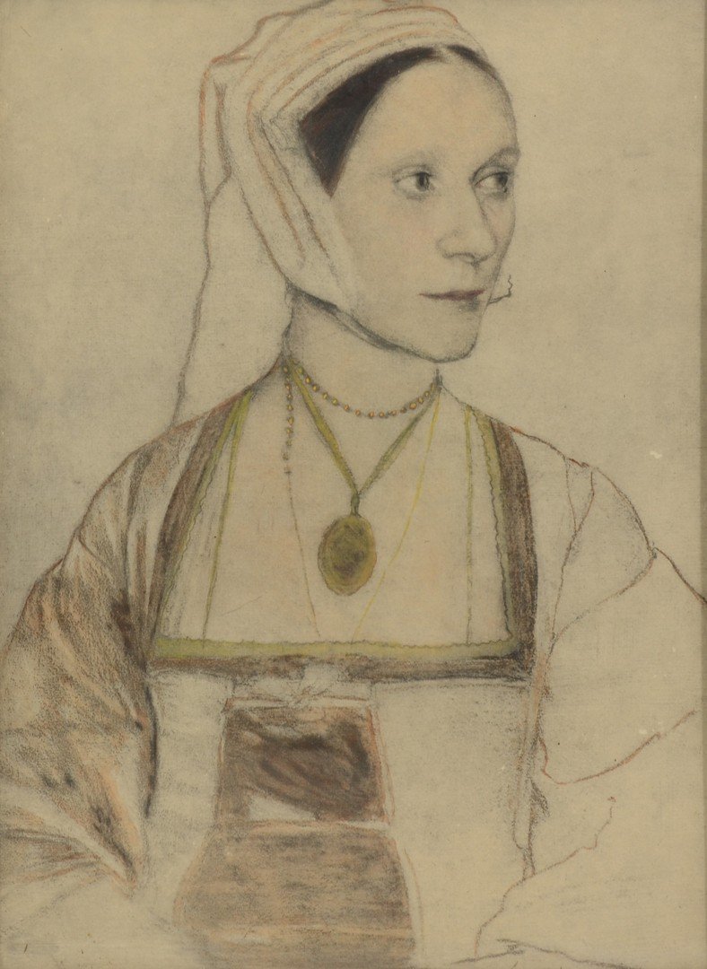 After Hans Holbein (German, 1497-1543), hand colored: After Hans Holbein (German, 1497-1543), hand colored print, "Cecily Heron, Daughter of Sir Thomas Moore", 16 1/2" x 12 1/2" overall