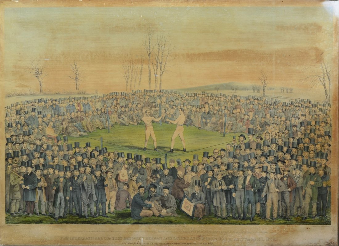 W L Walton (British, 19th Century), lithograph, "The: W L Walton (British, 19th Century), lithograph, "The International Contest Between Heenan and Sayers at Farnborough on 17th April, 1860', Boston: Bufford Sons, 29 1/2" x 40 1/2" sight, 33 1/2" x 44 1/