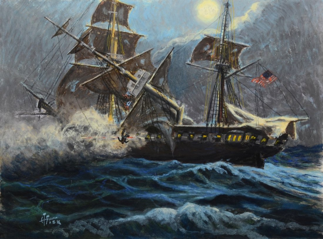 Harry Fisk (American, 1887-1974), pastel on board,: Harry Fisk (American, 1887-1974), pastel on board, Crashing Ships, signed lower left, 14 3/4" x 19 3/4" sight, 20" x 24" overall