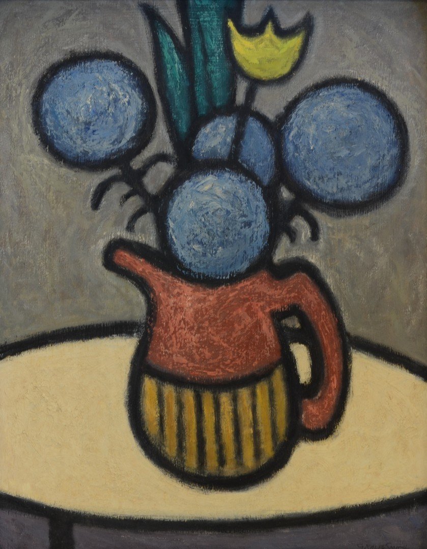 G Ralph Smith (American, PA, 1907-2007), oil on: G Ralph Smith (American, PA, 1907-2007), oil on masonite, "Pitcher of Blue", signed lower right, 19 1/2" x 15 1/2" sight, 25" x 21" overall