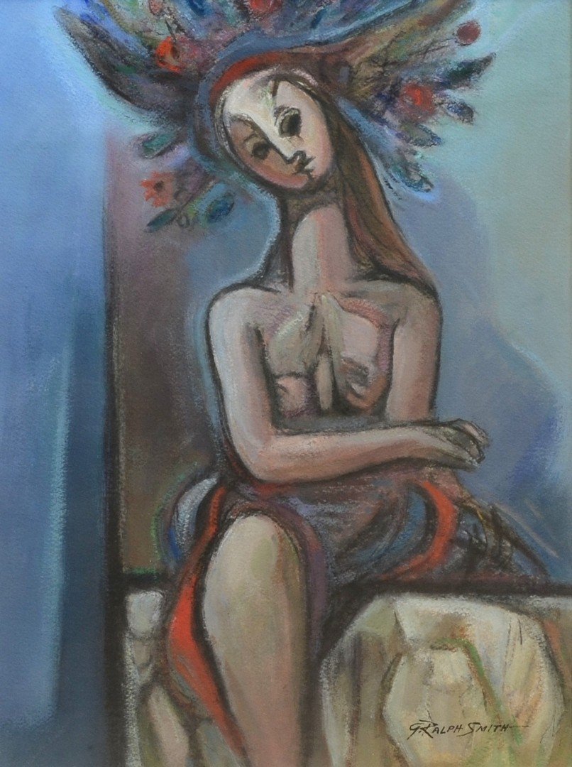 G Ralph Smith (American, PA, 1907-2007), mixed media,: G Ralph Smith (American, PA, 1907-2007), mixed media, "Winged Headdress", signed lower right, 15 1/4" x 11 1/2" sight, 21 3/4" x 17 3/4" overall