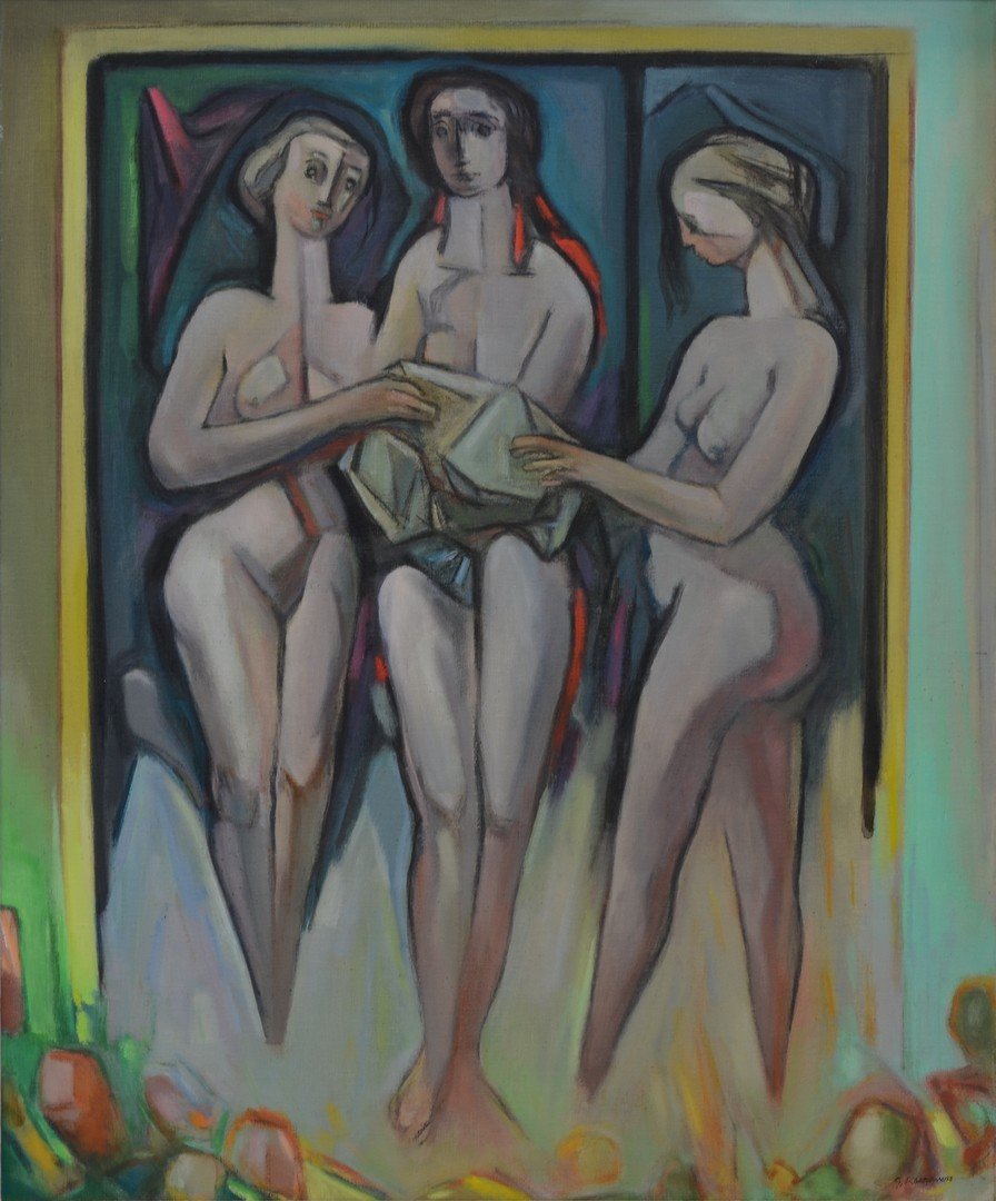G Ralph Smith (American, PA, 1907-2007), oil on canvas,: G Ralph Smith (American, PA, 1907-2007), oil on canvas, "Three Women", signed lower right, 35 1/2" x 29 1/2" sight, 44 1/4" x 38 1/4" overall, in custom frame by the artist