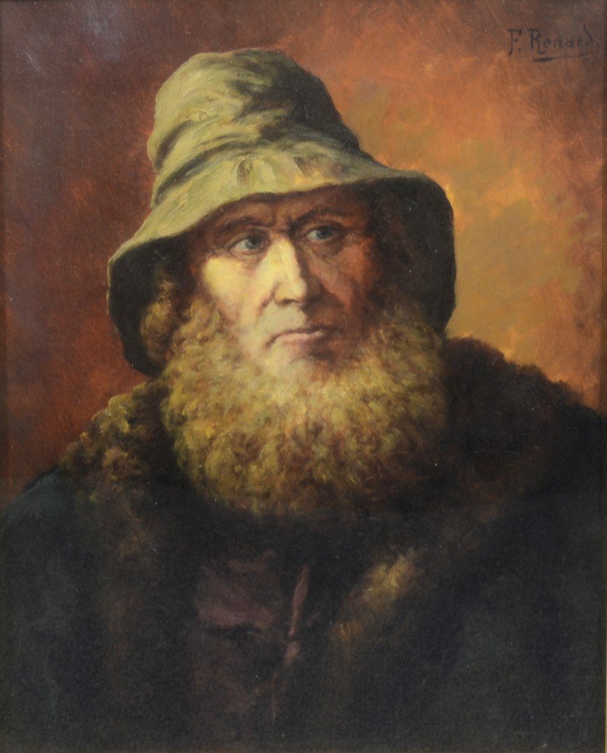 F Ronard (Continental School, 19th Century), oil on: F Ronard (Continental School, 19th Century), oil on canvas, Gentleman with a Hat, signed upper right, approx 18" x 15 1/2" sight, 34 1/2" x 30" overall in carved gilt frame and stored in a shadow box,