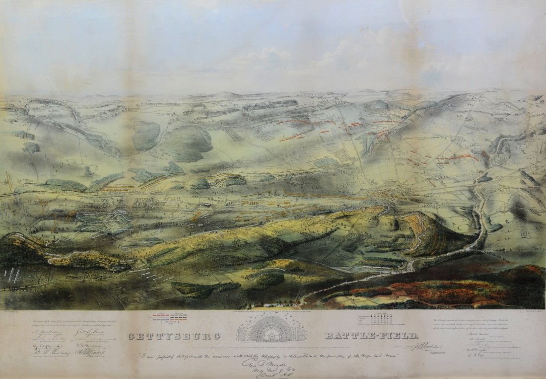 Jonathan Badger Bachelder (American, 1825-1894), hand: Jonathan Badger Bachelder (American, 1825-1894), hand colored chromolithograph, Gettysburg Battle-Field, 1863, published by Endicott & Co. New York, NY, 26 1/2" x 38" sight, 30" x 42" overall