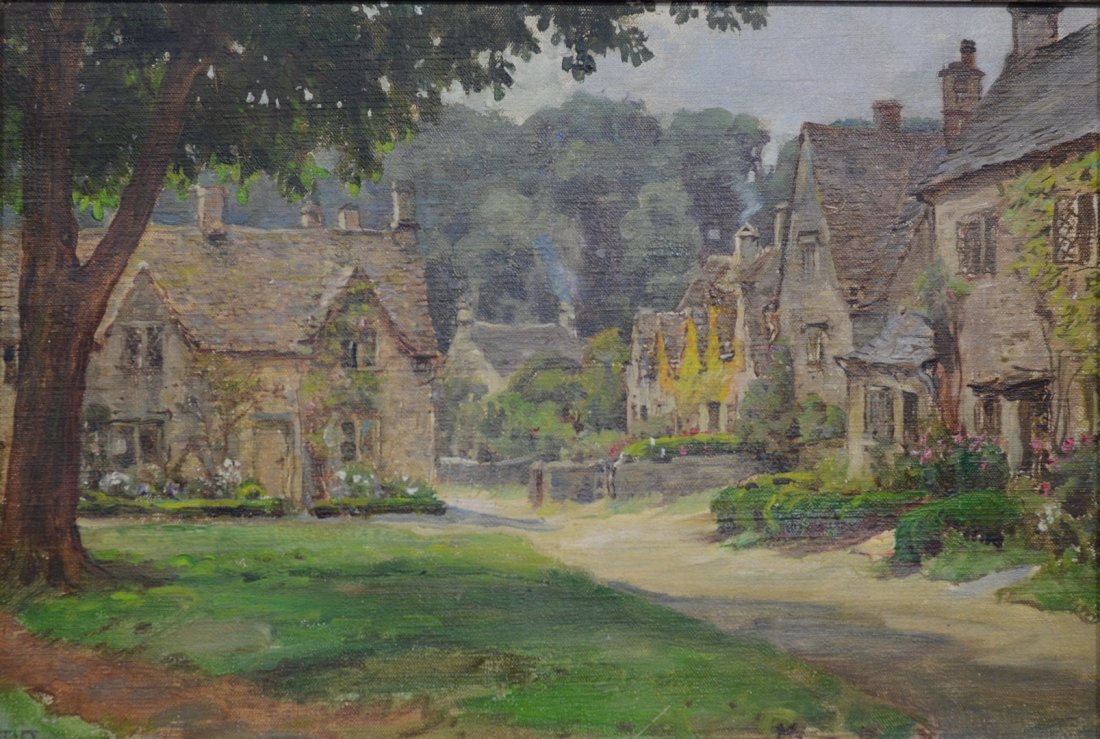 Anna Richards Brewster (American, 1870-1952), oil on: Anna Richards Brewster (American, 1870-1952), oil on canvas, Stone Houses in England, initialed lower left, 8 1/2" x 12 1/2" sight, 10 1/4" x 14 1/2" overall