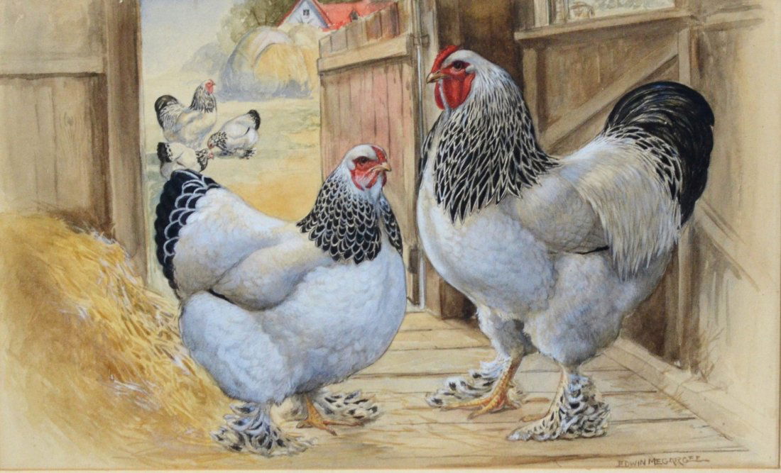 Edwin Megargee (American, 1883-1958), watercolor and: Edwin Megargee (American, 1883-1958), watercolor and gouache, Light Brahmas, signed lower right, 11" x 17 3/4" sight, 16" x 23" overall