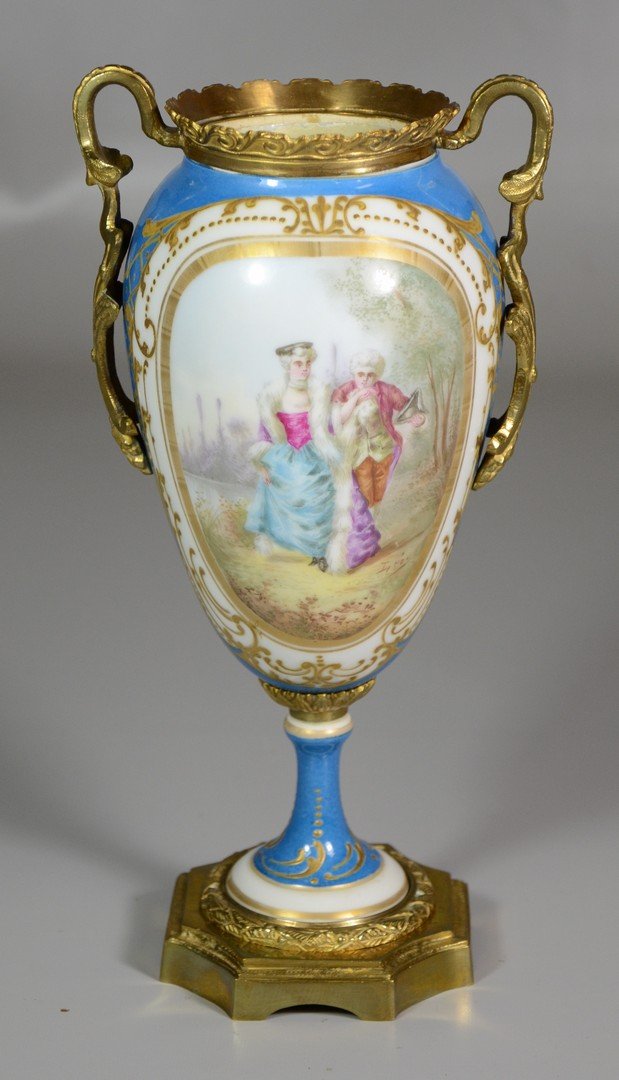 Ormolu-mounted Sevres vase, impressed mark "France" in: Ormolu-mounted Sevres vase, impressed mark "France" in ormolu on base & blue Sevres mark under glaze on base, "S" date mark for 1771, 19th C, 13" tall