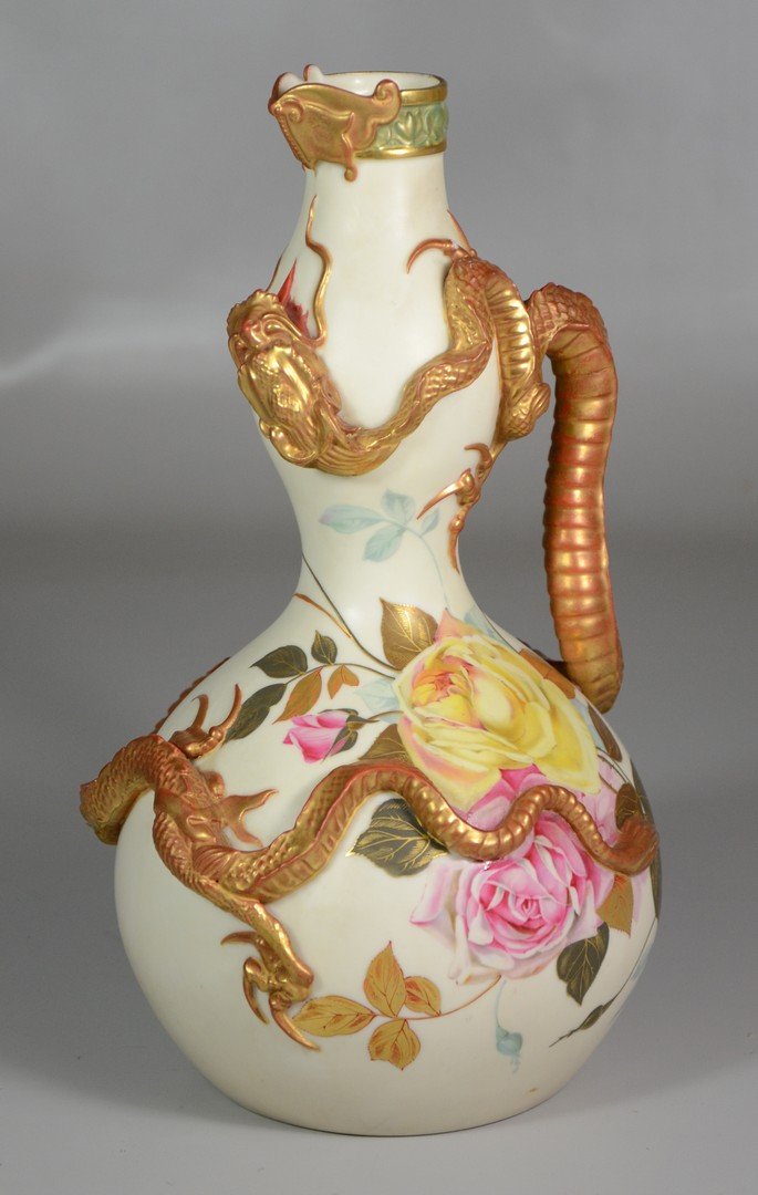 Royal Worcester Dragon vase, hand painted pink & yellow: Royal Worcester Dragon vase, hand painted pink & yellow roses with gold butterfly & gold painted raised 4-toed dragon climbing vase, marked with English "RD no 14191"(1884), 12" tall, mint condition