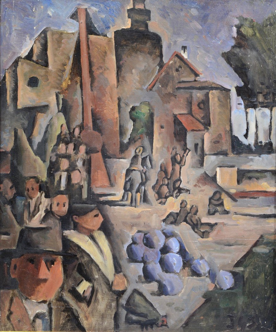 Monogrammist, may be Juanillo Gonzalez (Uruguayan, b: Monogrammist, may be Juanillo Gonzalez (Uruguayan, b 1942), oil on masonite, Cubist Village Scene, monogrammed lower right, brass tag with that name, also inscribed on back of frame in marker, 23" x 1