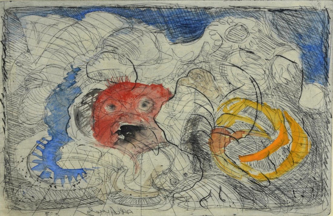 (2) Illegible, etchings with watercolor, Monster, (1 of 9)