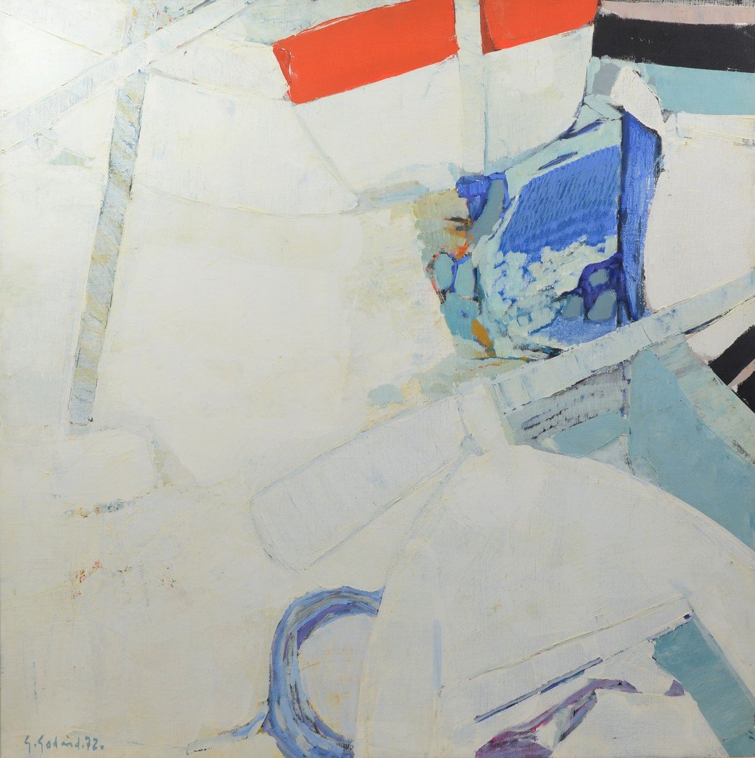 Gabriel Godard (French, b 1933), oil on canvas,: Gabriel Godard (French, b 1933), oil on canvas, "Barques Echouées", signed and dated '72 lower left, 40 1/2" x 40 1/2" overall, David B. Findlay Gallery label on verso The consignor of this lot is do