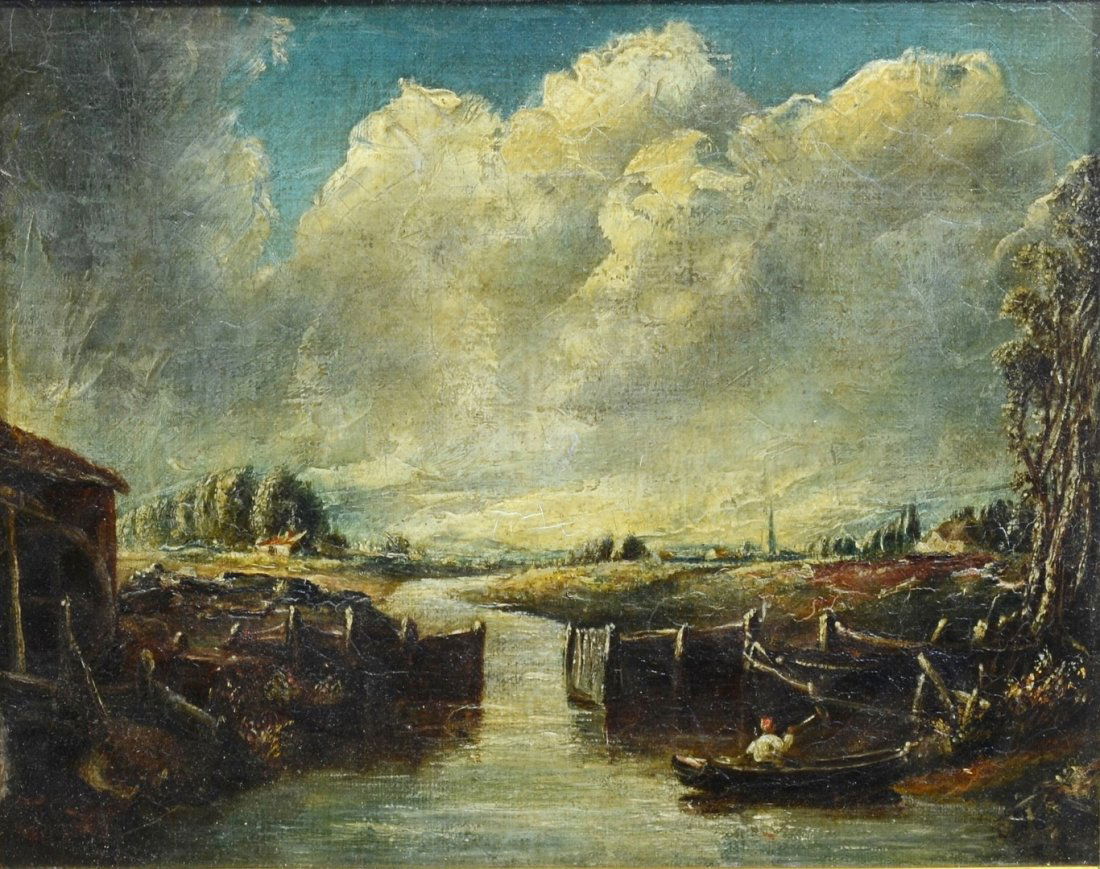 In the Style of John Constable (British, 1776-1837),: In the Style of John Constable (British, 1776-1837), oil on canvas, Dedham Lock, 7 3/4" x 9 3/4" sight, 16" x 18" overall, frame with significant losses The consignor of this lot is donating 5% of the
