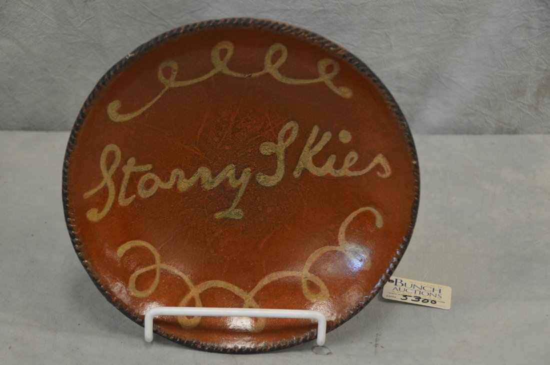 Redware slip decorated script plate, "Starry Skies", (1 of 3)