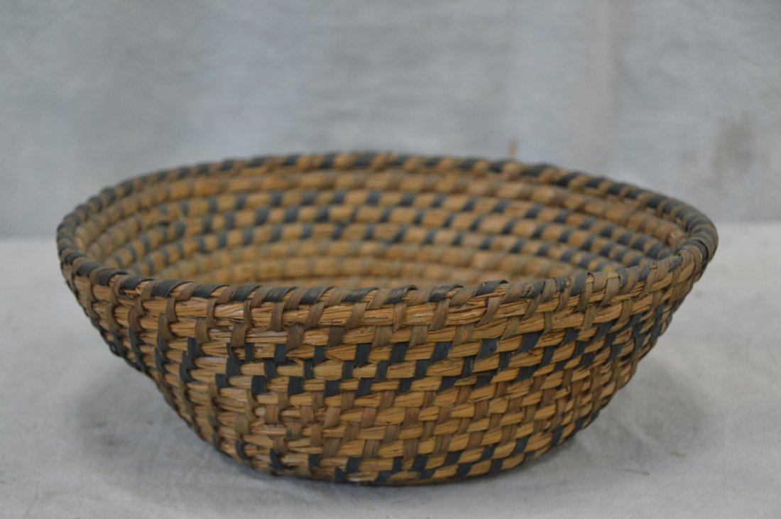 Rye straw basket with green splints, 11" dia x 4" h, (1 of 3)