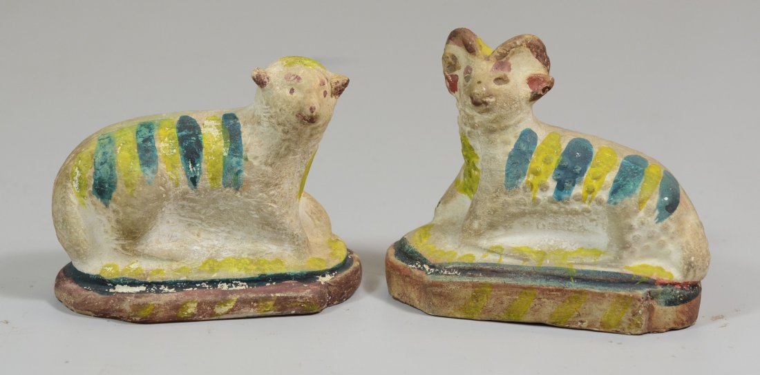 Pair of chalkware sheep, ewe & ram, original paint (1 of 3)