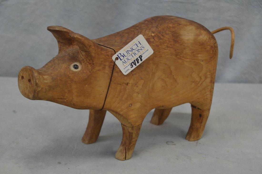 Carved folk art pig, glass eyes, c 1920, New Jersey (1 of 3)