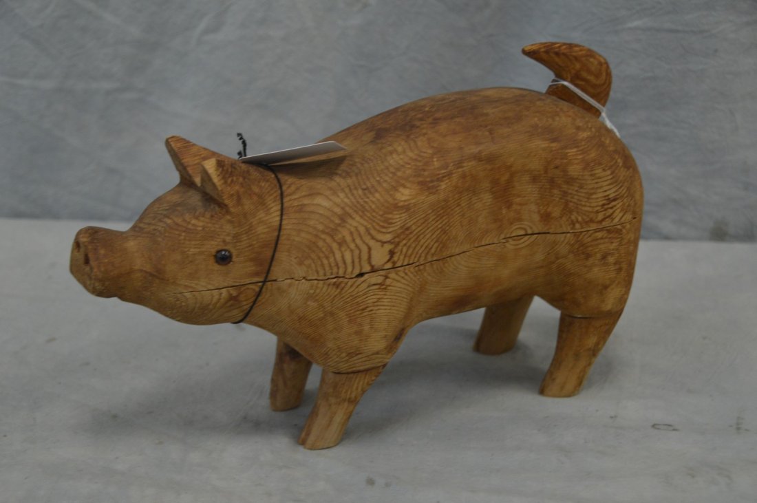 Carved folk art pig, glass eyes, c 1920, New Jersey (1 of 4)