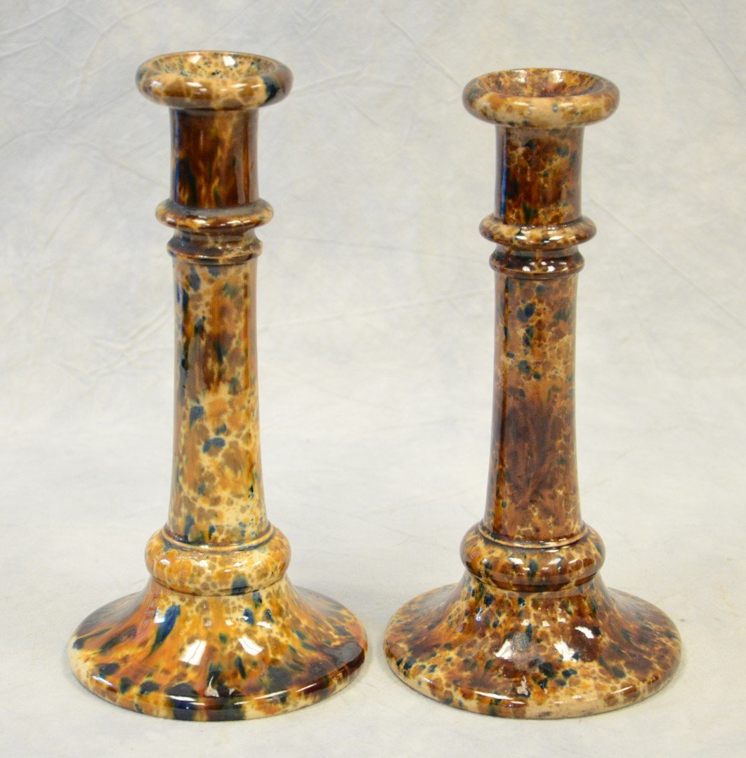 Pair of Bennington flint enamel decorated candlesticks, (1 of 3)