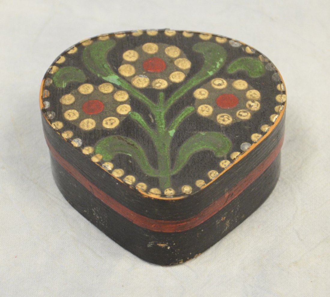 Paint decorated wood heart shaped box, c 1940, could be: Paint decorated wood heart shaped box, c 1940, could be Scandinavian, 3-1/2" x 1-3/8" h, RCA, LLC