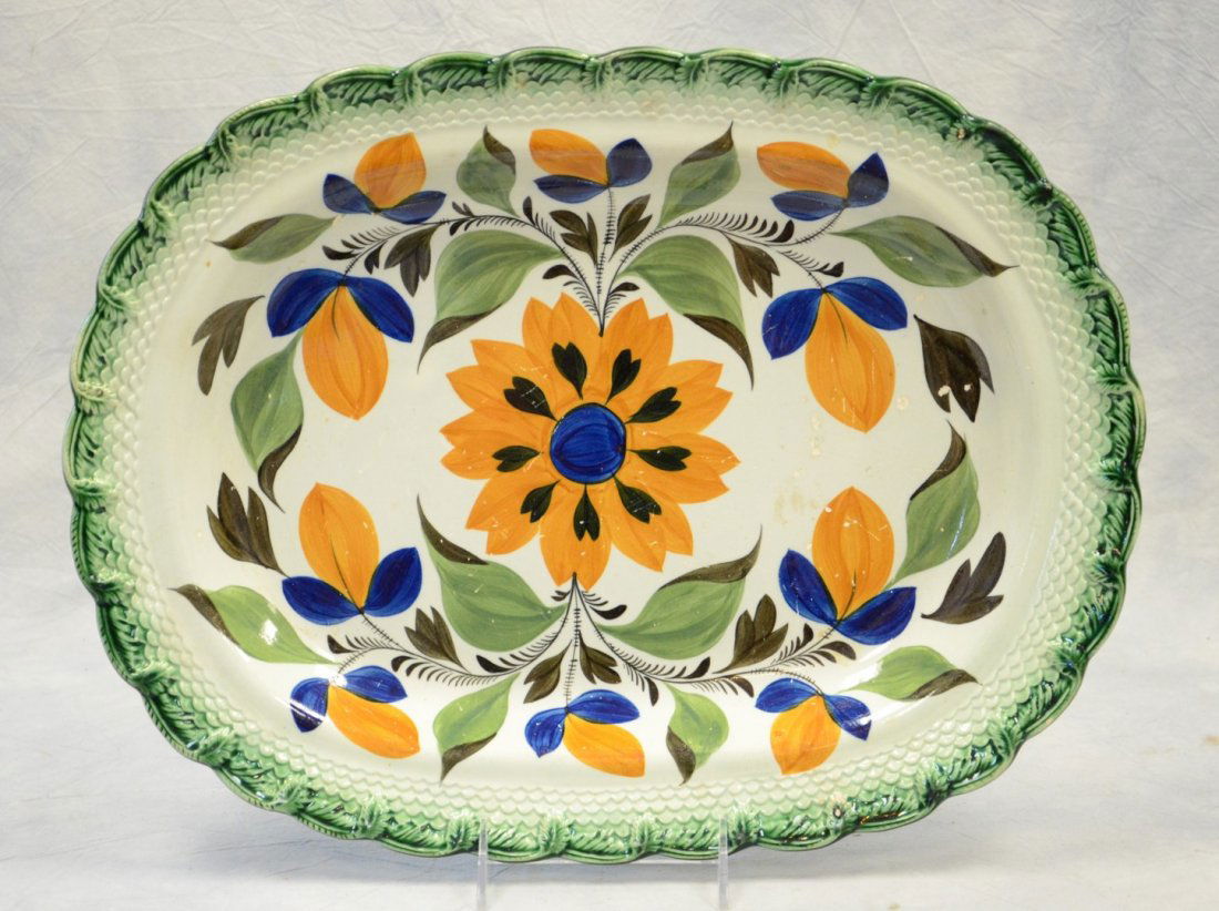 Large Leeds Feather Edge Pearlware Oval Platter, green (1 of 2)