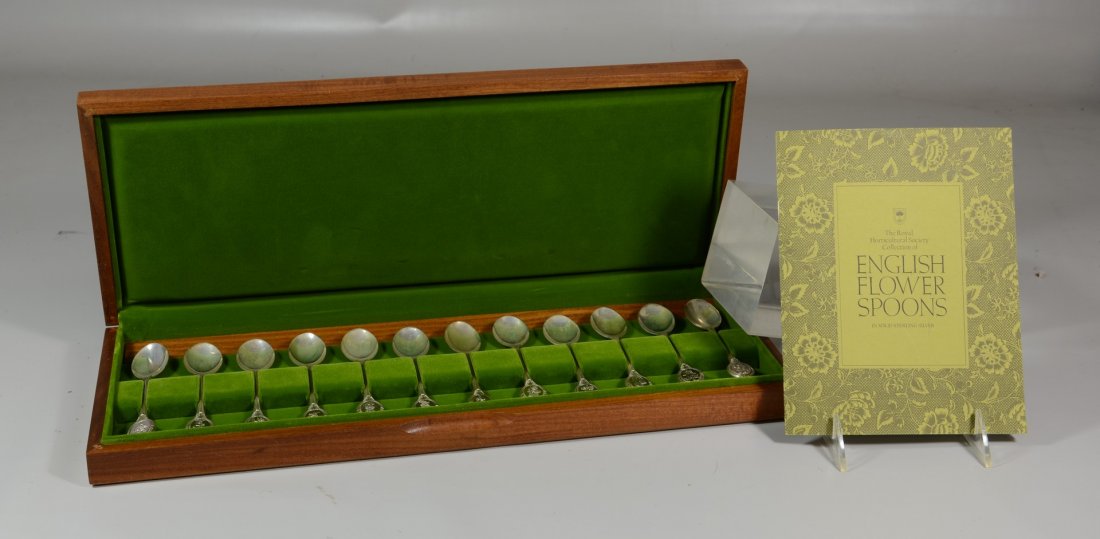 12 English sterling silver flower spoons, fitted case, (1 of 3)