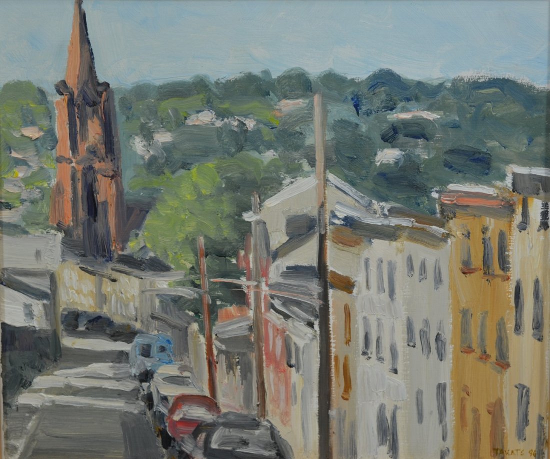 Stephen Takats (American, active PA, 20th Century), oil: Stephen Takats (American, active PA, 20th Century), oil on canvas, "Morning--DuPont Street, Manayunk", signed and dated '96 lower right, 9 1/2" x 11" sight, 10 3/4" x 12 1/4" overall