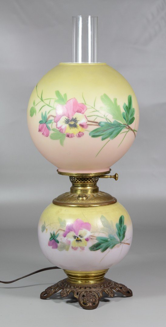 Victorian painted glass oil lamp, electrified, pansy (1 of 1)