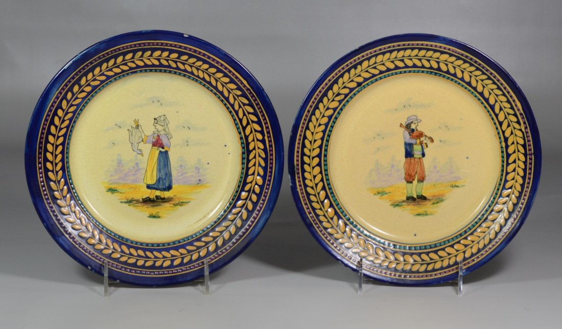 Pair of Quimper plates, peasant girl & boy, 9-1/2" dia, (1 of 3)