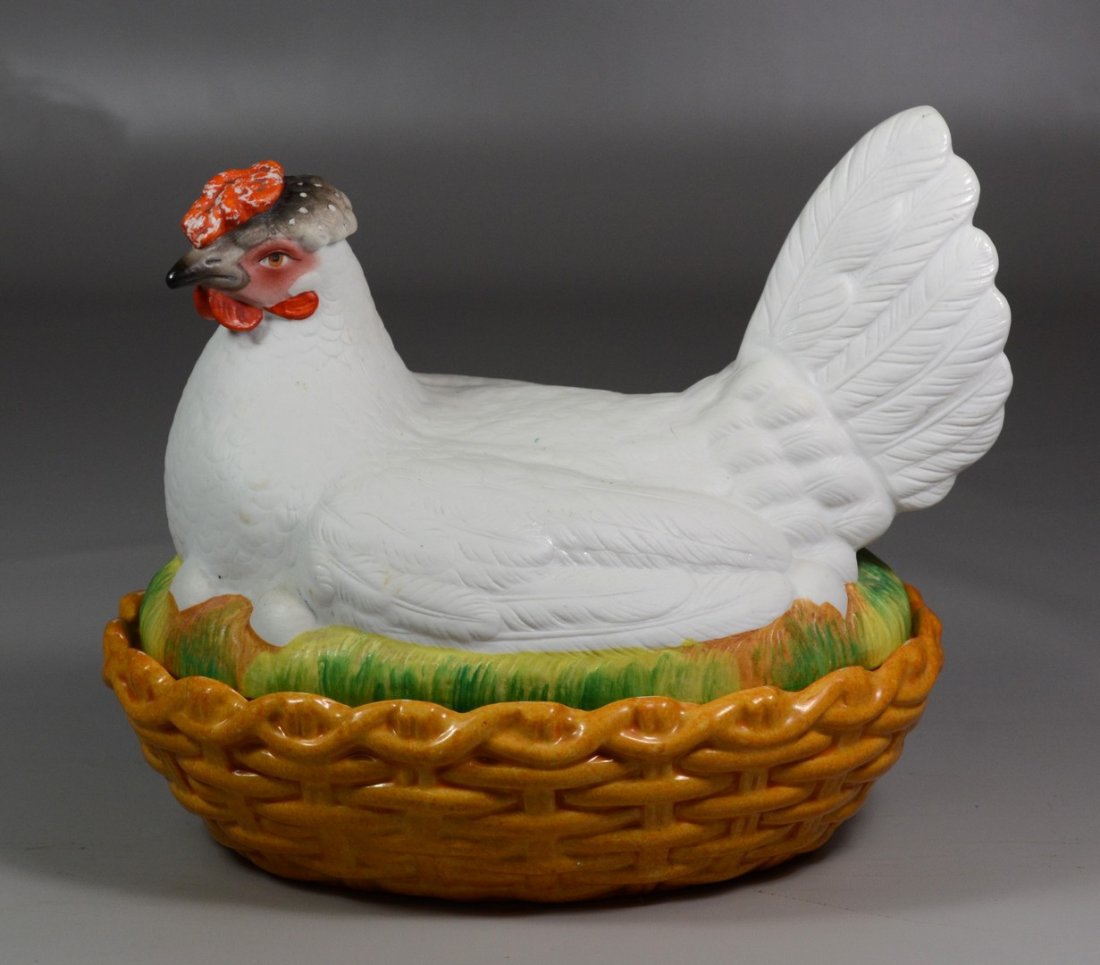 Large English Staffordshire porcelain hen on nest with (1 of 2)