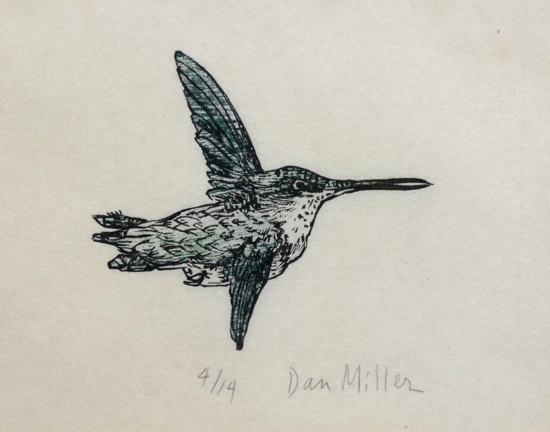 Dan Miller (American, PA, 20th Century), woodblock,: Dan Miller (American, PA, 20th Century), woodblock, Hummingbird, pencil signed lower right, edition 4/14, 5 1/2" x 7" sight, 12 3/4" x 13 3/4" overall