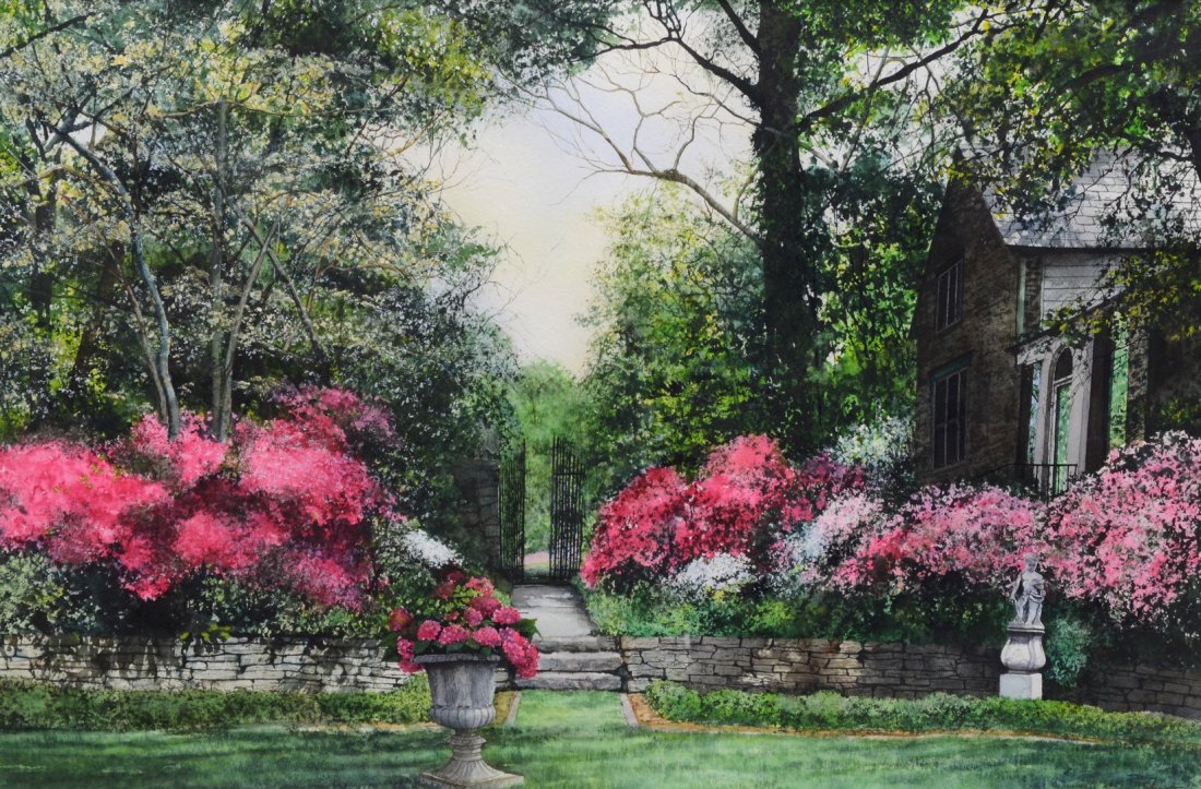 Nancy Cunningham (American, PA, 20th Century),: Nancy Cunningham (American, PA, 20th Century), watercolor, Garden, signed lower right, 14 1/2" x 21 3/4" sight, 25" x 32 1/2" overall