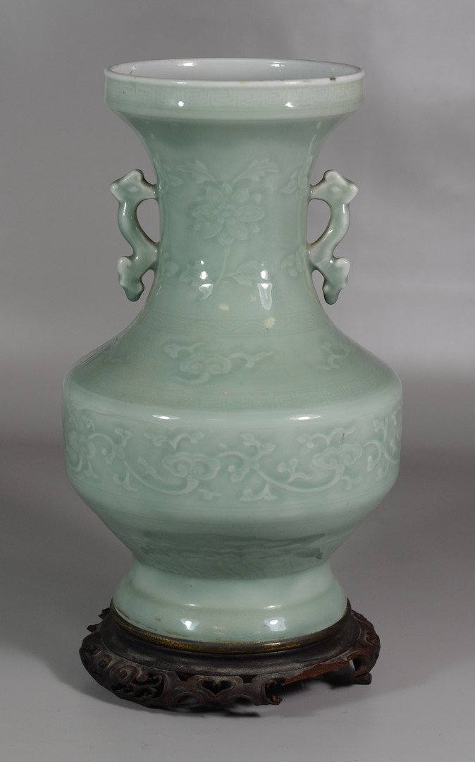 Chinese Celedon vase, drilled for a lamp, teak wood (1 of 4)