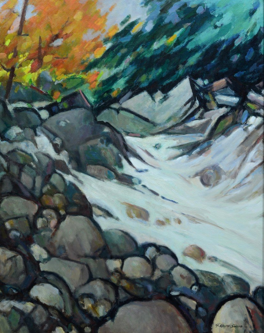 G Ralph Smith (American, PA, 1907-2007), oil on board,: G Ralph Smith (American, PA, 1907-2007), oil on board, "New England Rocks", signed lower right, 30" x 24" board, 33" x 27" overall