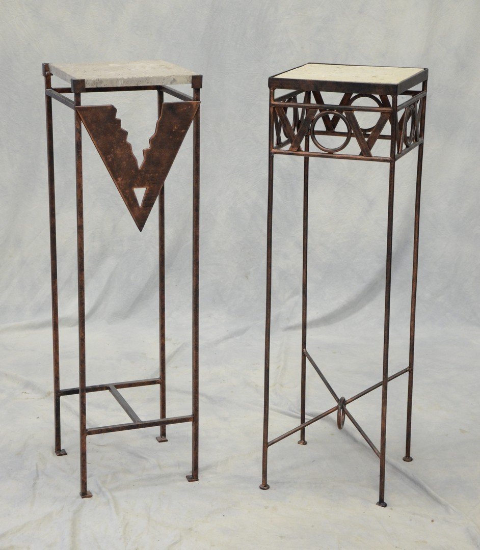 2 Southwest style metal fern stands with copper finish: 2 Southwest style metal fern stands with copper finish and stone tops, 39-1/2" high, 12" x 12"