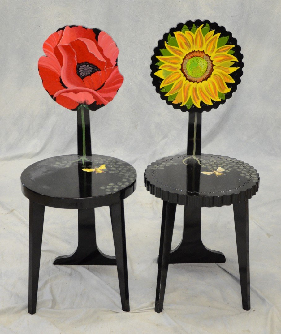 2 J Louise hand painted chairs, marked "J Louise For (1 of 5)