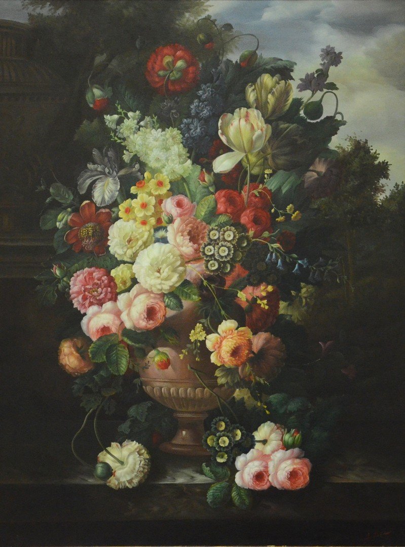 Continental School (20th Century), oil on canvas,: Continental School (20th Century), oil on canvas, Floral Still Life on Marble Shelf, 48" x 36" stretcher, 63 1/2" x 52" overall