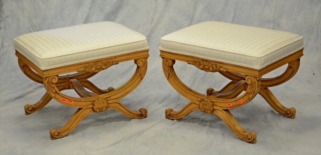 Pair of Klismos Form Carved Footstools, ivory: Pair of Klismos Form Carved Footstools, ivory upholstery, 18" h, 24" x 18"