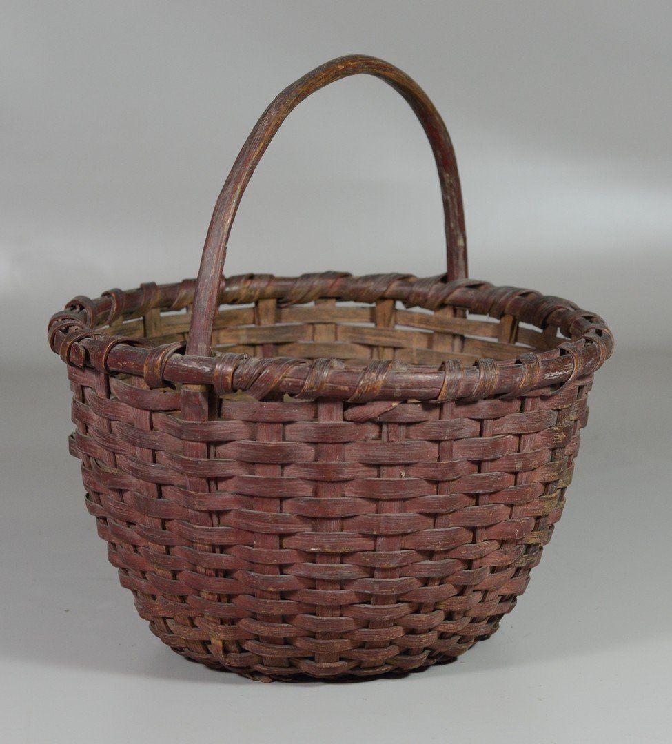 Red Painted Basket, initials HL, 11" diameter, 12"h, (1 of 3)