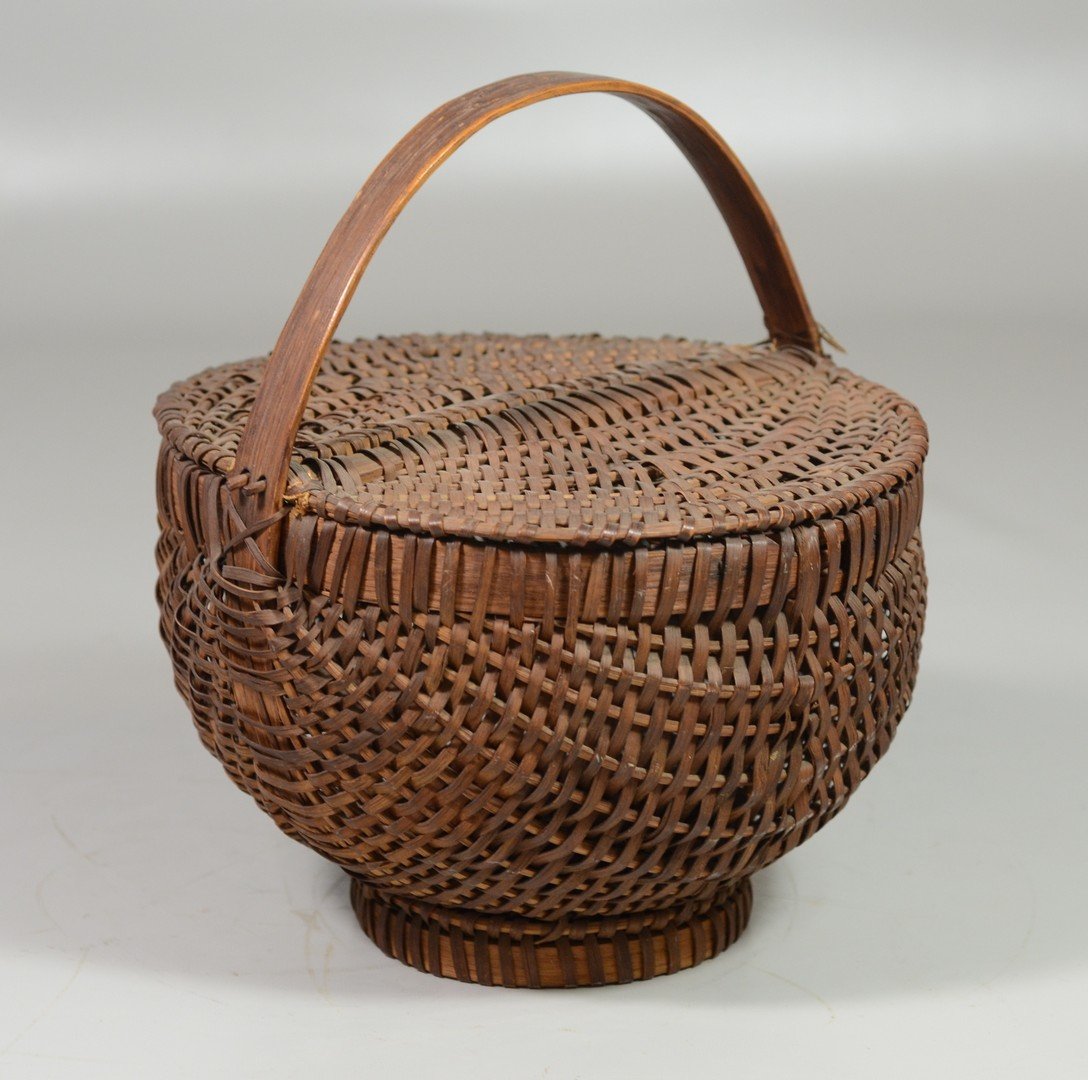 Double Lidded Brown Splint Basket, 8 1/2" diameter, 9 (1 of 3)