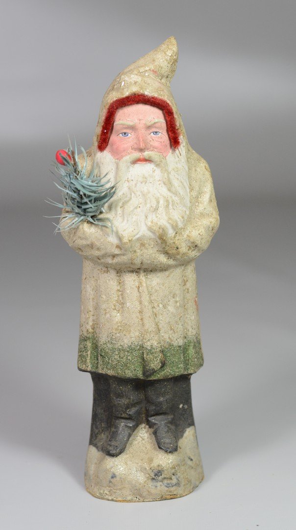 Paper mache Santa candy container, white robe with mica (1 of 2)