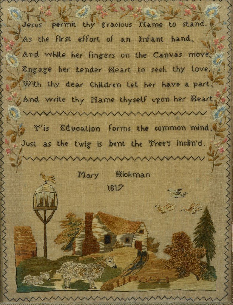 Mary Hickman, 1817, wool & silk embroidery and verse: Mary Hickman, 1817, wool & silk embroidery and verse needlework, sawtooth border, floral silk border around verse, scene below with sheep and a birdhouse in front, 16 1/2" x 12 1/2" sight size