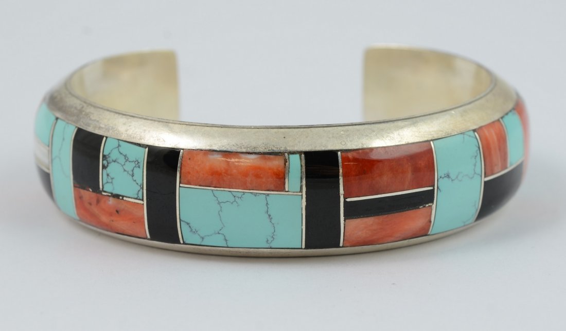 Navajo sterling cuff bracelet, set with turquoise, (1 of 5)