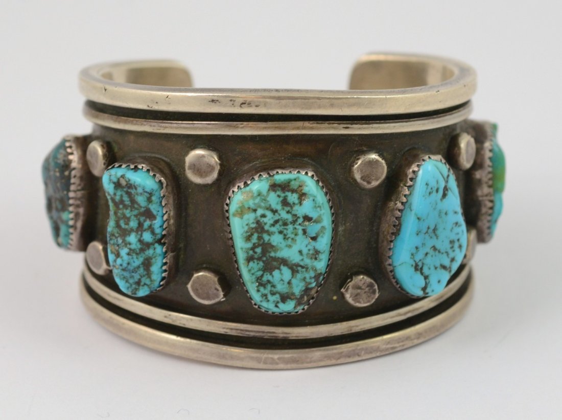 Navajo sterling cuff bracelet set with 5 turquoise (1 of 4)