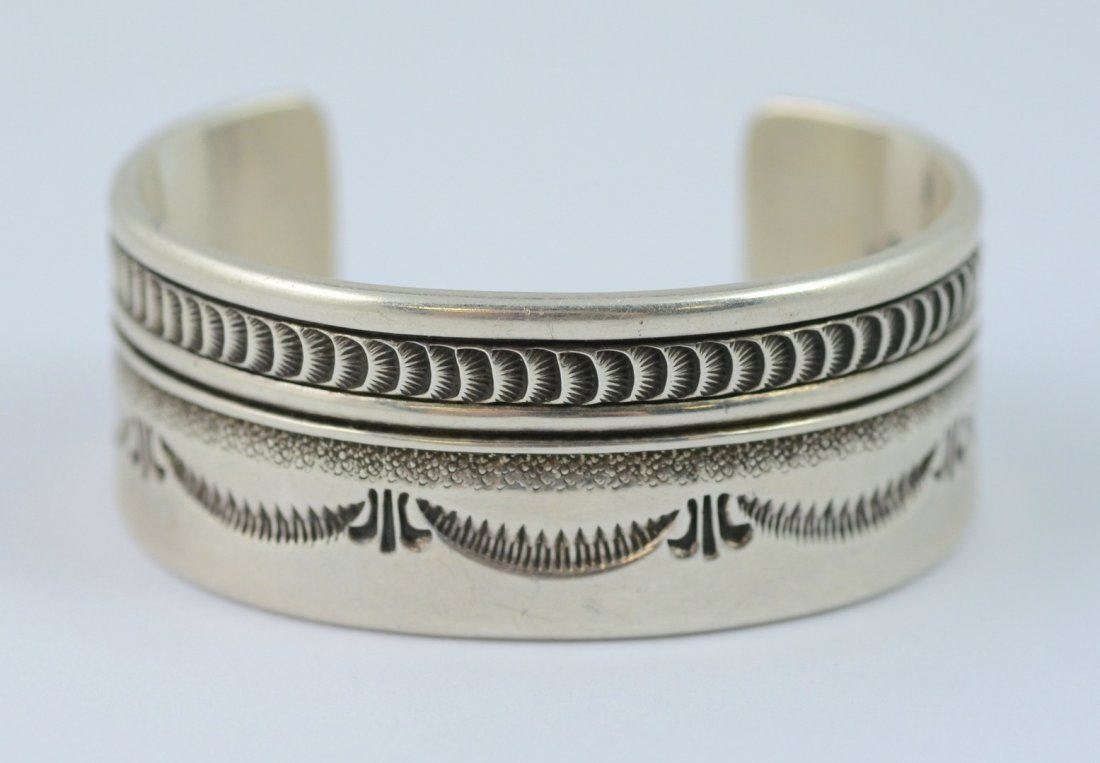 Richard Kee, Navajo sterling stampwork cuff bracelet, (1 of 3)
