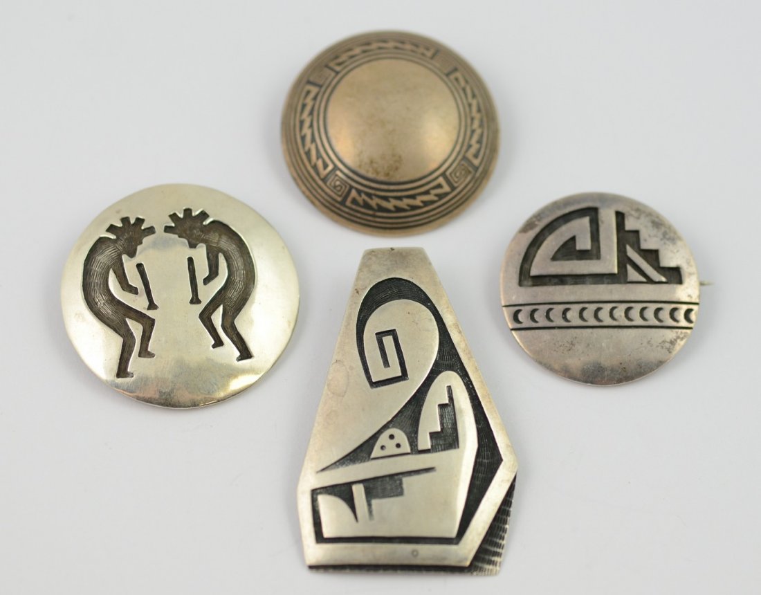 4 Hopi sterling brooches/pendants, artists SA Yeswa,: 4 Hopi sterling brooches/pendants, artists SA Yeswa, Mitchell Sockma, Billy Ray Hawee (with Hopi Guild mark), & Cloud mark with OTSM (Guild mark), largest 2-1/8", 1.595