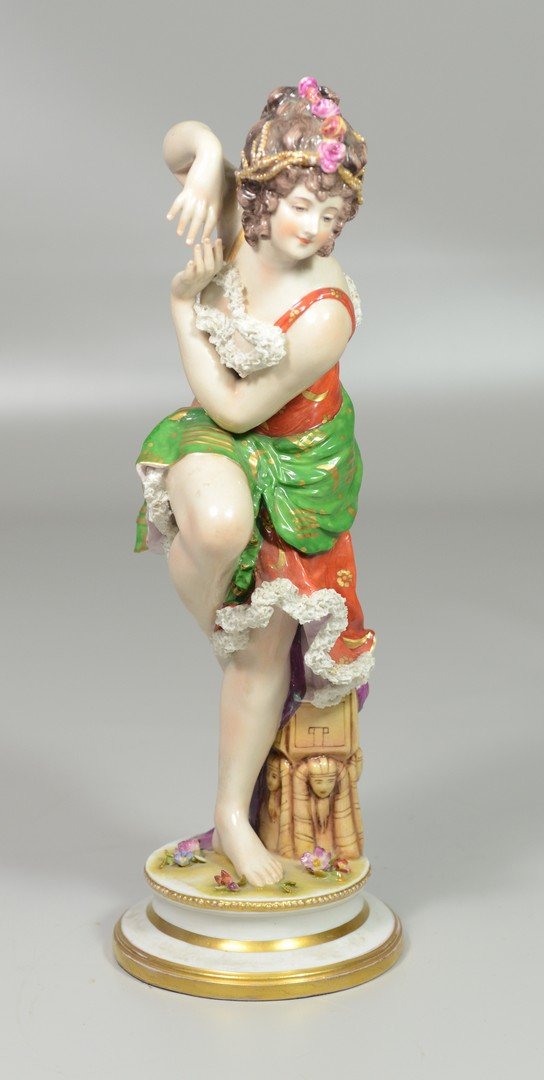 Volkstedt porcelain figurine of a dancing woman, 12: Volkstedt porcelain figurine of a dancing woman, 12 1/2" h, very minor losses to white lace trim