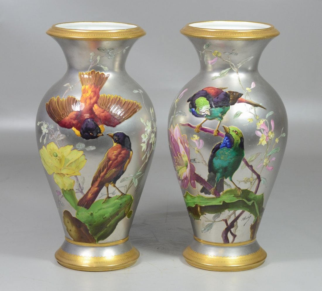 Pr platinum ground & gilt enameled bird decorated N (1 of 6)