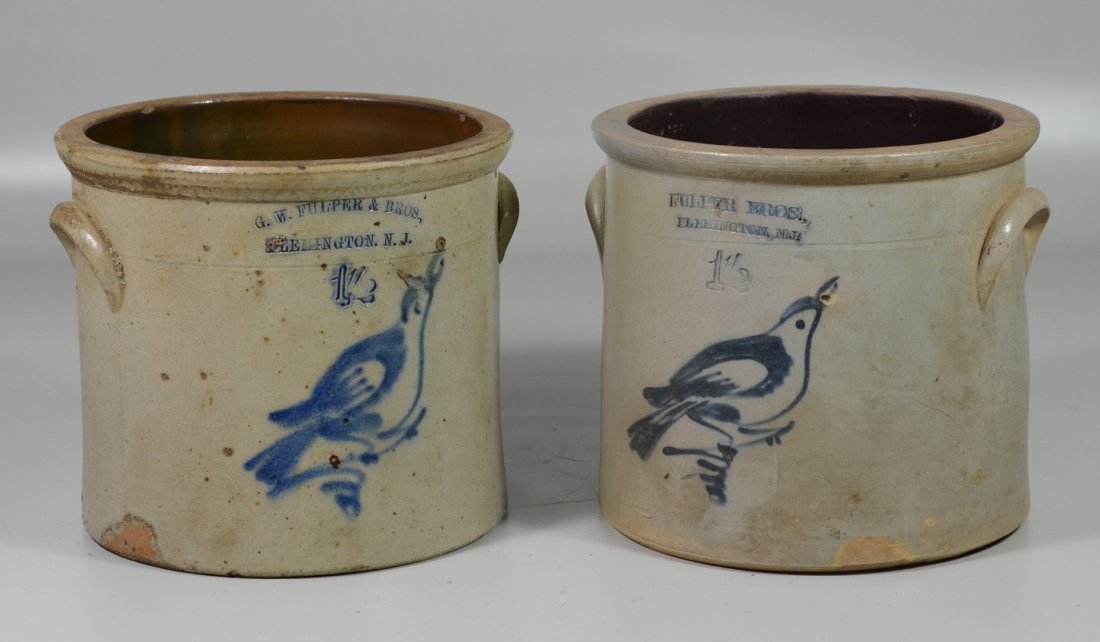 (2) 1 1/2 gallon blue bird decorated crocks by Fulper (1 of 1)